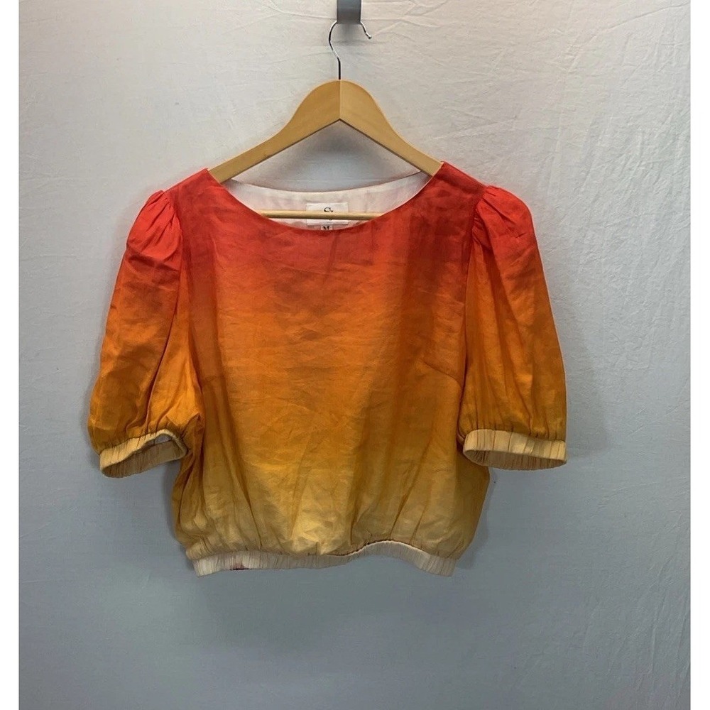Sassy Jones Womens M Ombre Sunrise Puff Sleeves Stretch Waist Spring Beach